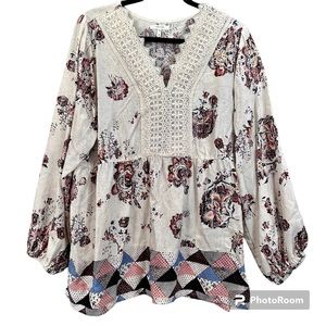 Maurices Boho Crochet Floral Lace Peasant Long Sleeve Tunic Blouse Size XL